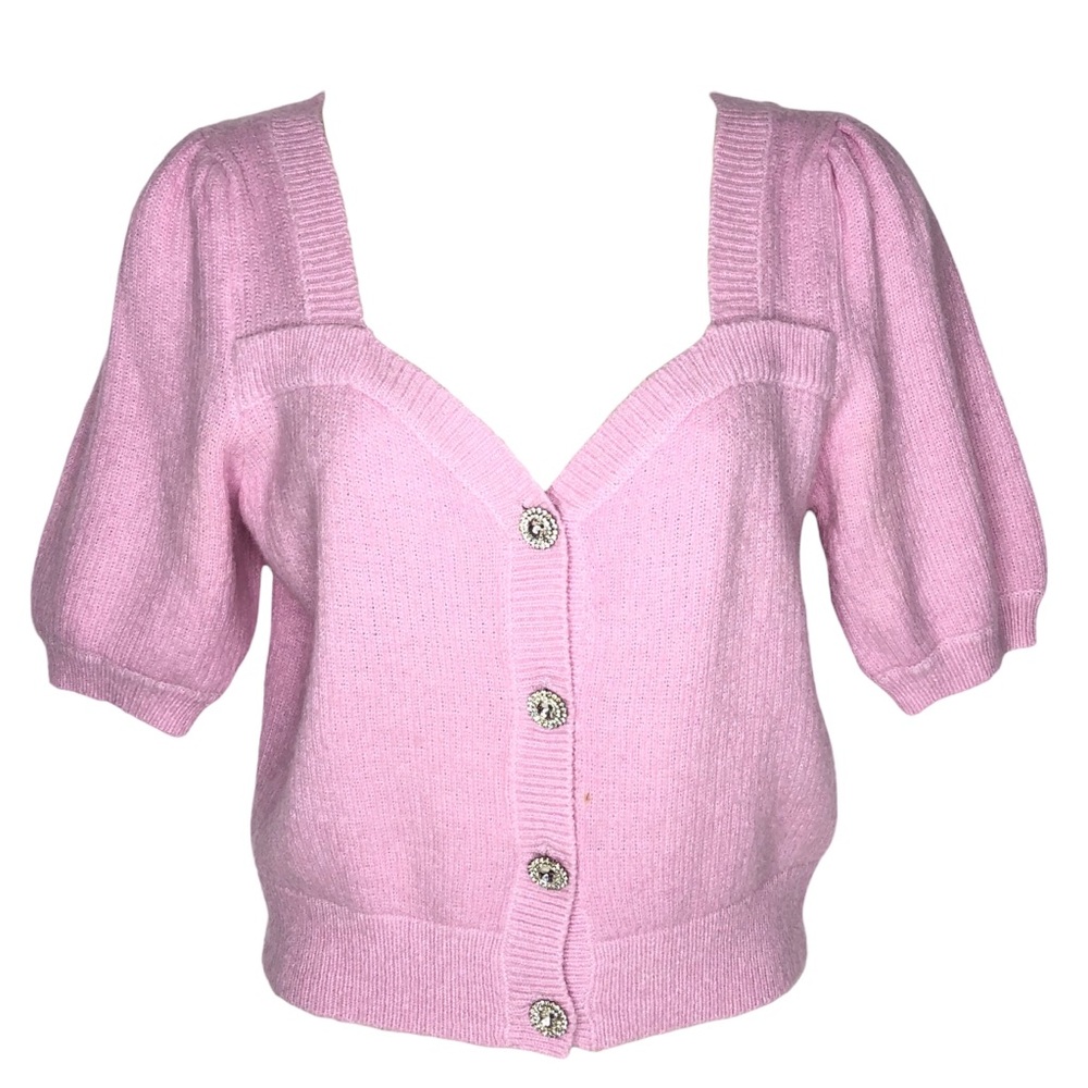 ASTR Womens Coquette Top Sz S Cardigan Pink Milkmaid Sweetheart Neck Puff Sleeve